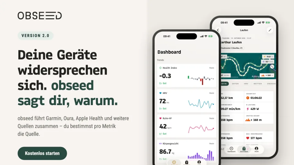 obseed 2.0 auf dem iPhone: Dashboard und Quellenwahl pro Metrik